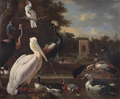 Melchior de Hondecoeter A Pelican and other exotic birds in a park